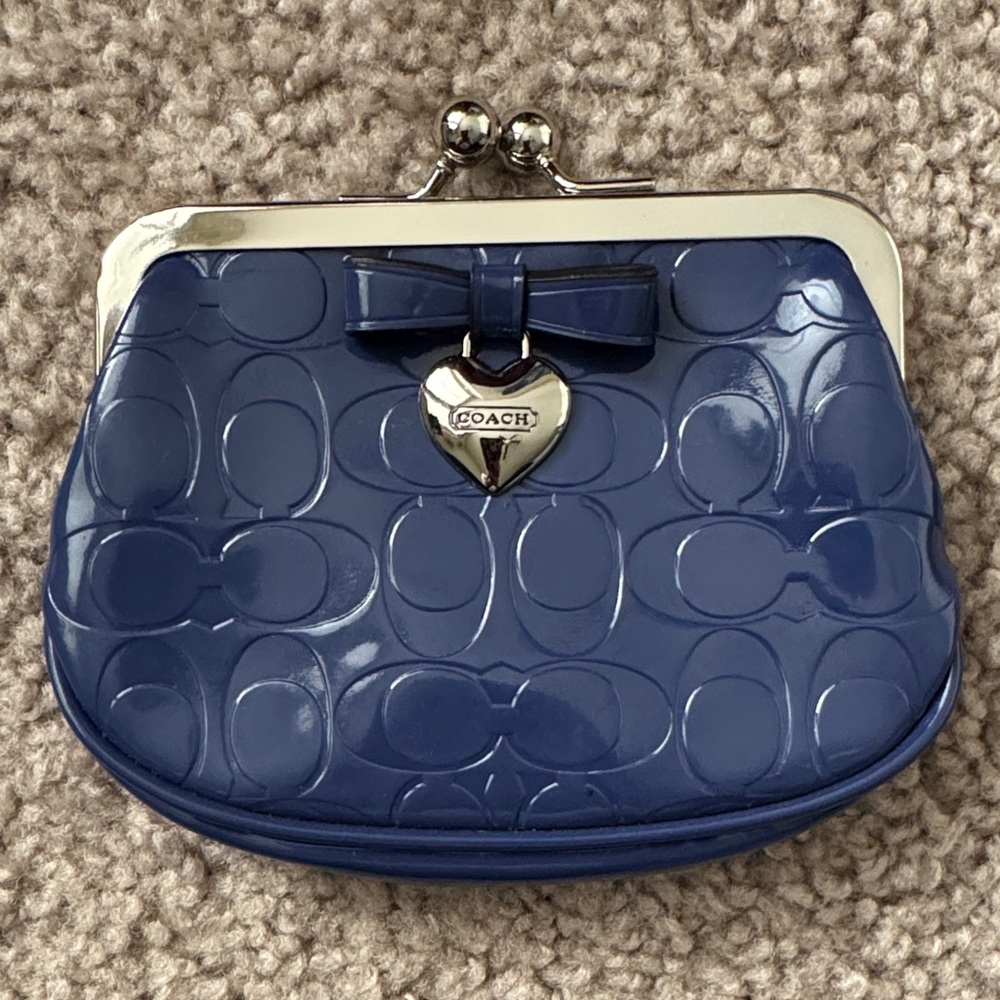 Coach Navy Embossed Clutch with Bow Accent